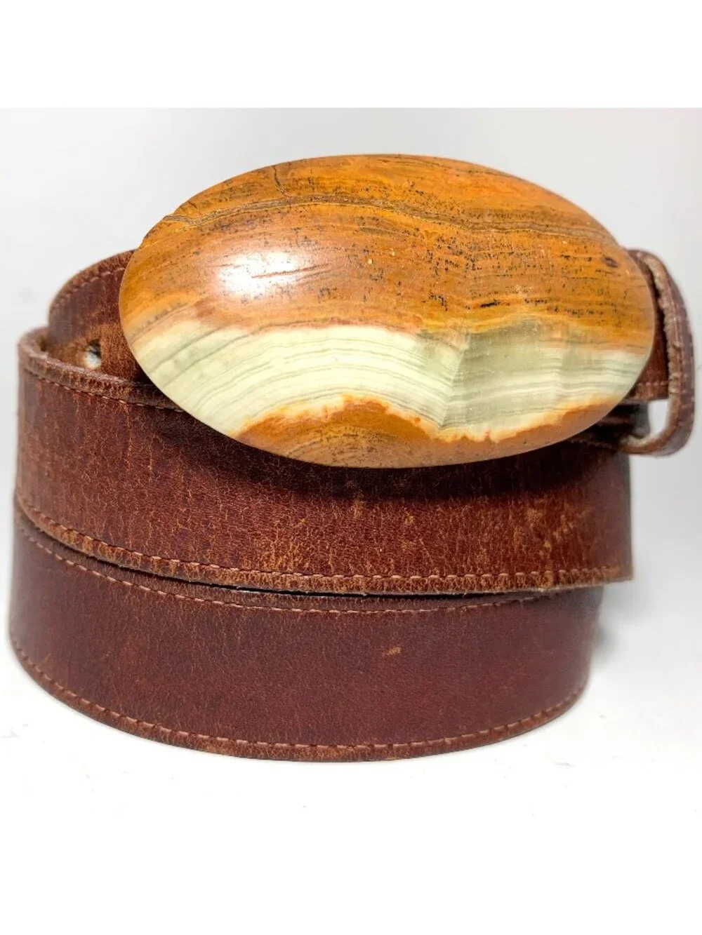 Vintage Genuine Leather Western Boho Belt Banded Agate Onyx Stone Buckle 29-34